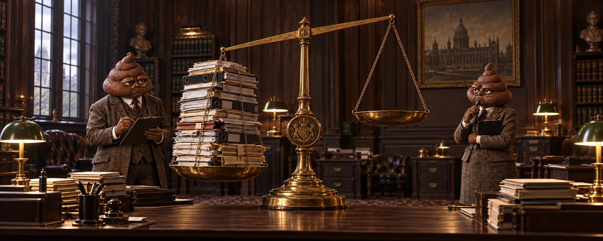 Two IBBD employees assess a stack of case files on a historic balance scale